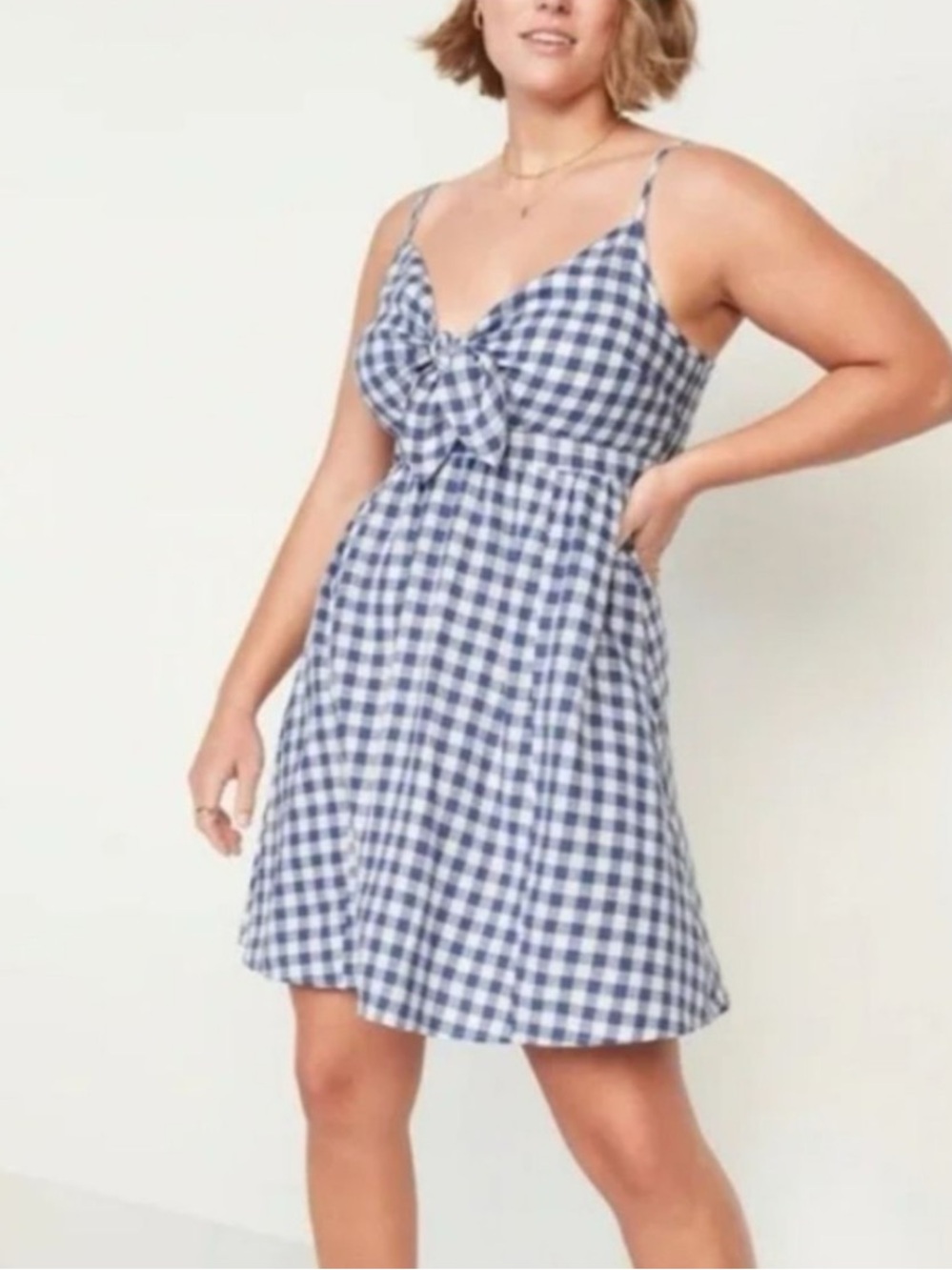 Old navy blue Gingham TieFront fit and flare summer picnic linenblend Mini Dress